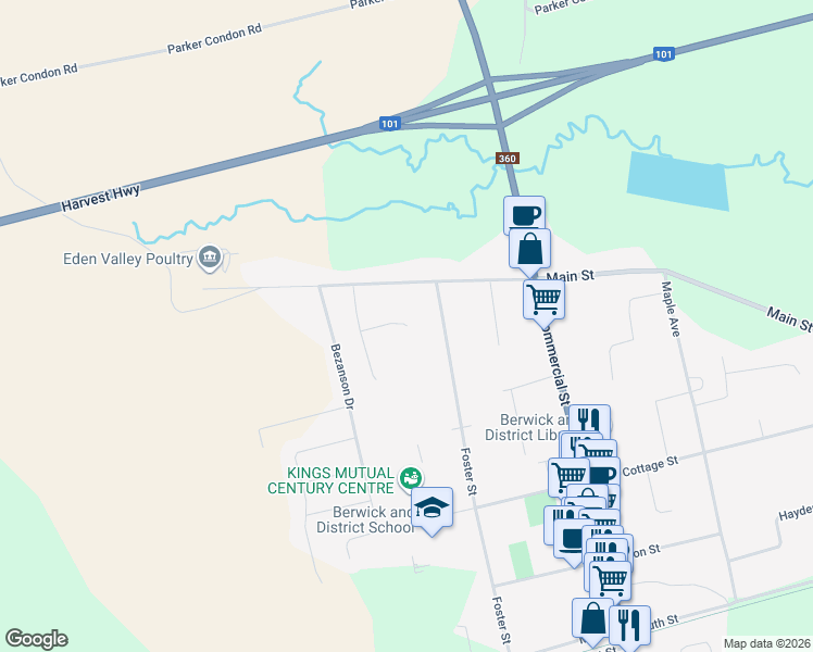 map of restaurants, bars, coffee shops, grocery stores, and more near 18 Gala Drive in Berwick