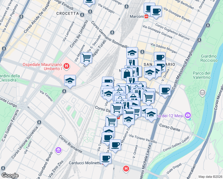 map of restaurants, bars, coffee shops, grocery stores, and more near 9 Via Carlo Giovanni Brugnone in Torino
