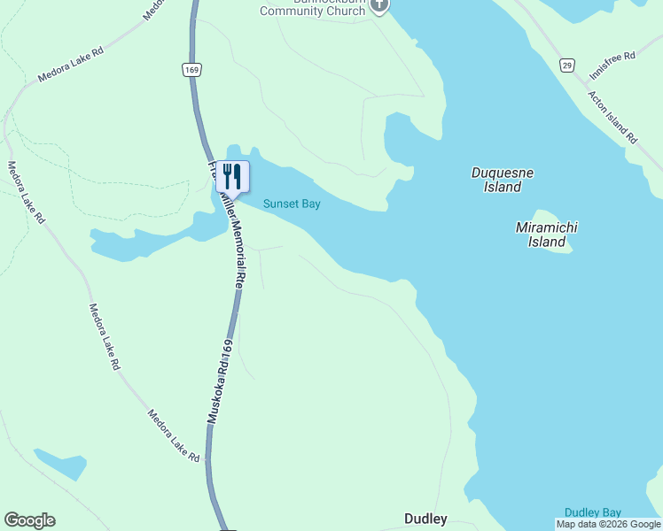 map of restaurants, bars, coffee shops, grocery stores, and more near 1120 Sunset Bay Road in Port Carling
