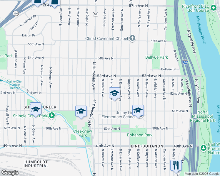map of restaurants, bars, coffee shops, grocery stores, and more near 5201 Fremont Avenue North in Minneapolis