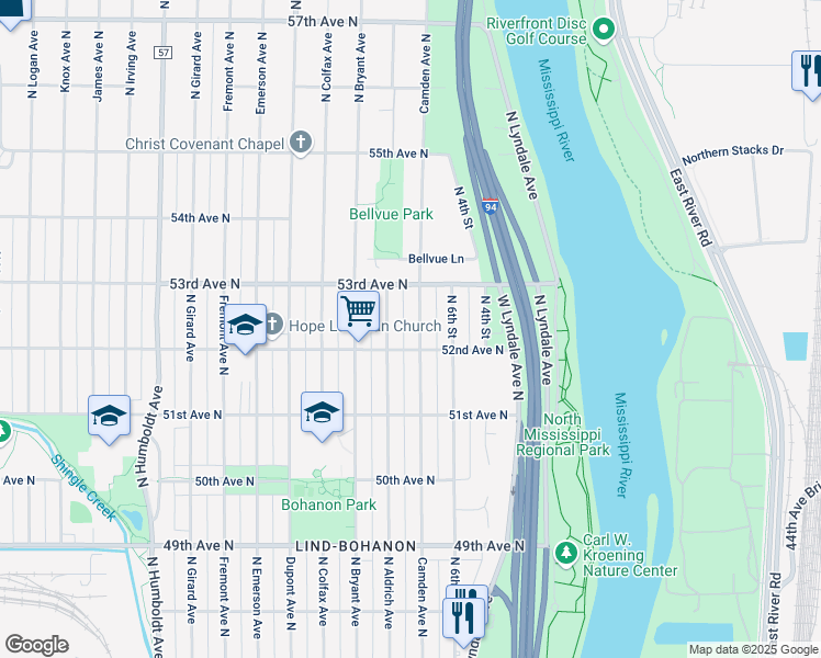 map of restaurants, bars, coffee shops, grocery stores, and more near 5201 Camden Avenue North in Minneapolis