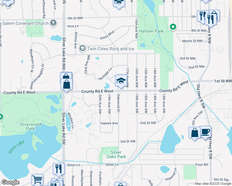 map of restaurants, bars, coffee shops, grocery stores, and more near 25 19th Avenue Southwest in New Brighton
