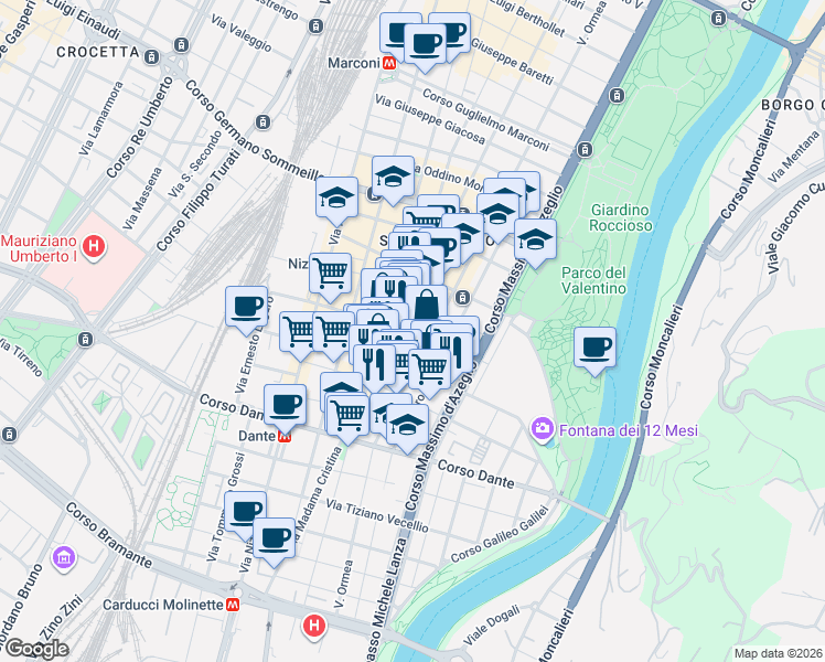 map of restaurants, bars, coffee shops, grocery stores, and more near 87d Via Ormea in Torino