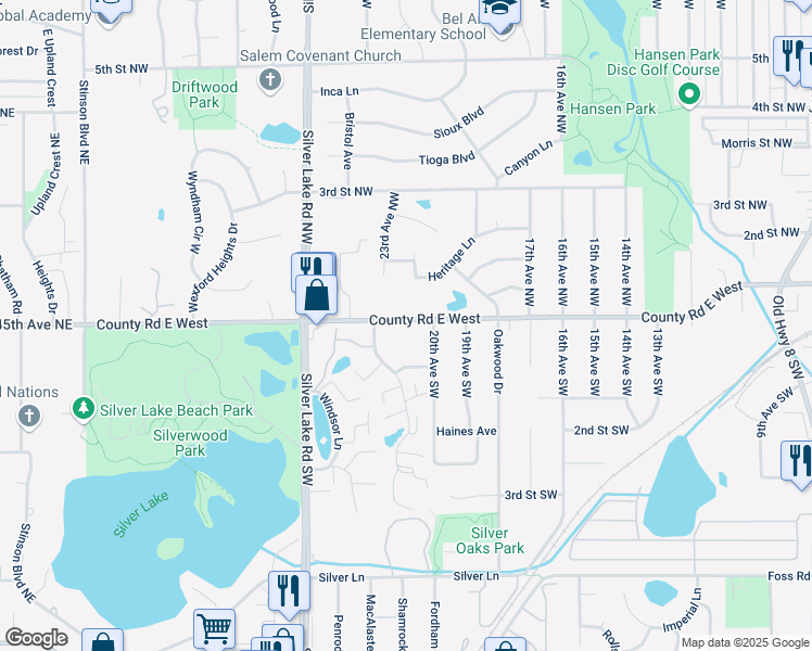 map of restaurants, bars, coffee shops, grocery stores, and more near 2093 County Road East in Saint Paul