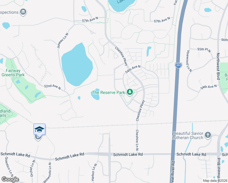 map of restaurants, bars, coffee shops, grocery stores, and more near 5349 Empire Lane North in Plymouth