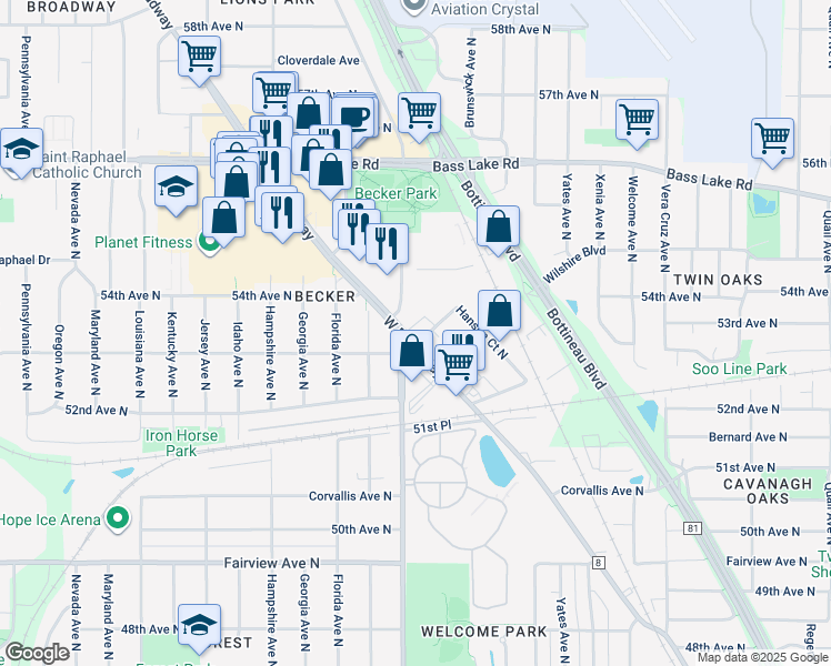 map of restaurants, bars, coffee shops, grocery stores, and more near in Crystal