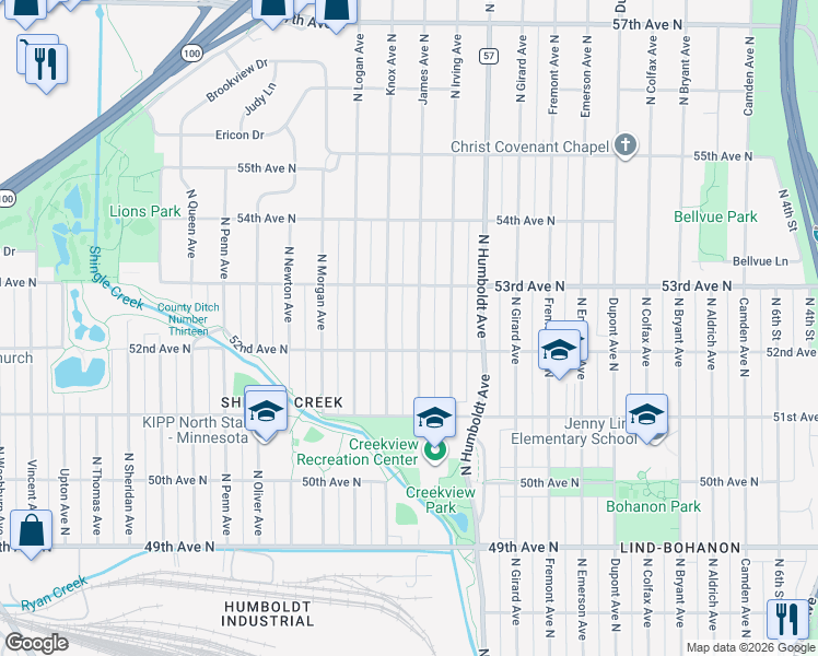 map of restaurants, bars, coffee shops, grocery stores, and more near 5200 James Avenue North in Minneapolis