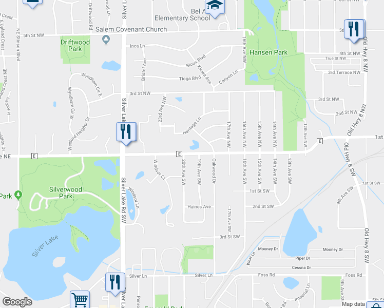 map of restaurants, bars, coffee shops, grocery stores, and more near 2093 County Road E West in New Brighton