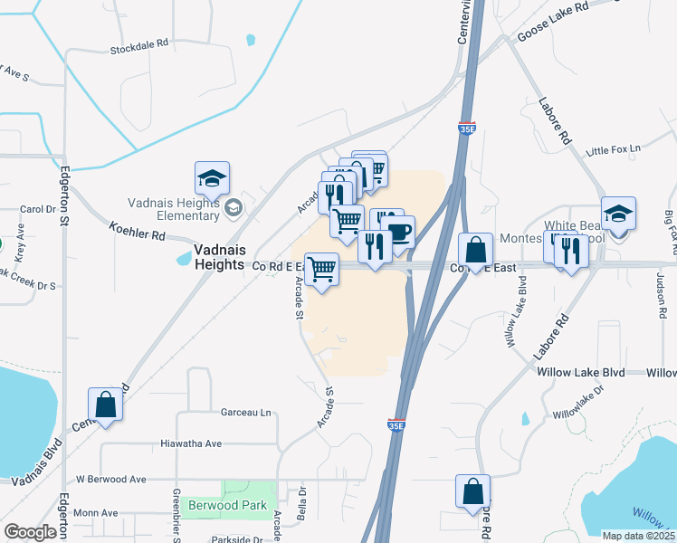 map of restaurants, bars, coffee shops, grocery stores, and more near 912-916 County Road 15 in Vadnais Heights