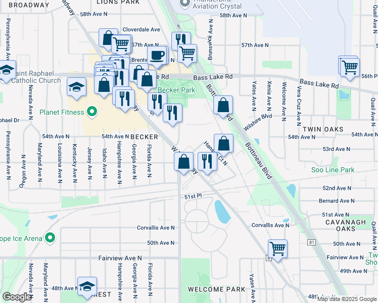 map of restaurants, bars, coffee shops, grocery stores, and more near in Crystal