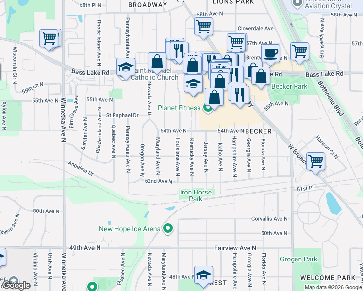 map of restaurants, bars, coffee shops, grocery stores, and more near 5301 Louisiana Avenue North in Minneapolis