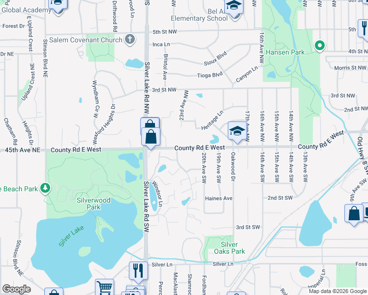 map of restaurants, bars, coffee shops, grocery stores, and more near 2093 County Road E in Saint Paul
