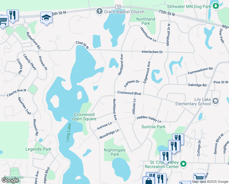 map of restaurants, bars, coffee shops, grocery stores, and more near Northland Ave & Croixwood Blvd in Stillwater