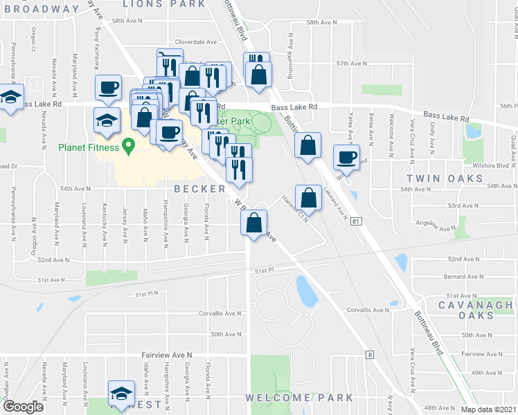 map of restaurants, bars, coffee shops, grocery stores, and more near 5324 Hanson Ct N in Crystal