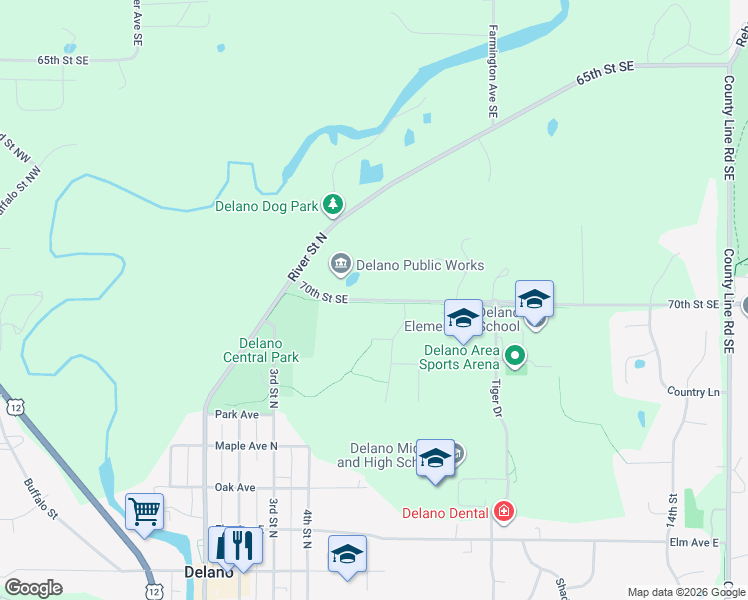 map of restaurants, bars, coffee shops, grocery stores, and more near 509 County Road 30 Southeast in Delano