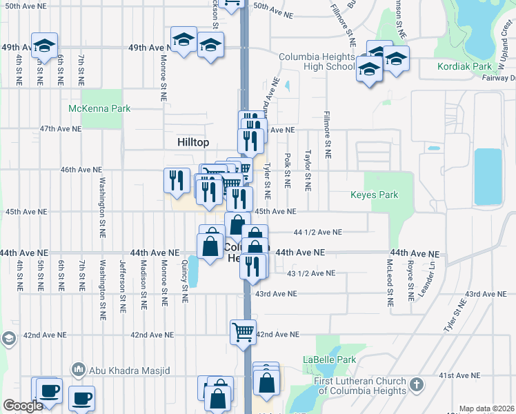 map of restaurants, bars, coffee shops, grocery stores, and more near 959 44 1/2 Avenue Northeast in Columbia Heights