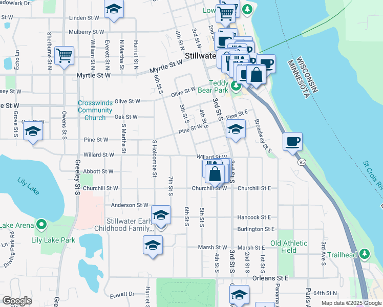 map of restaurants, bars, coffee shops, grocery stores, and more near 308 Willard Street West in Stillwater
