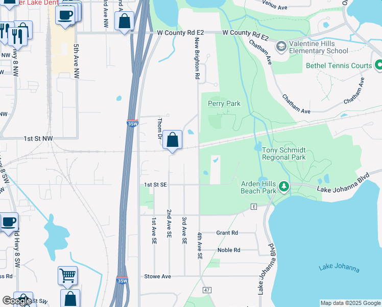 map of restaurants, bars, coffee shops, grocery stores, and more near 3661 New Brighton Road in Arden Hills