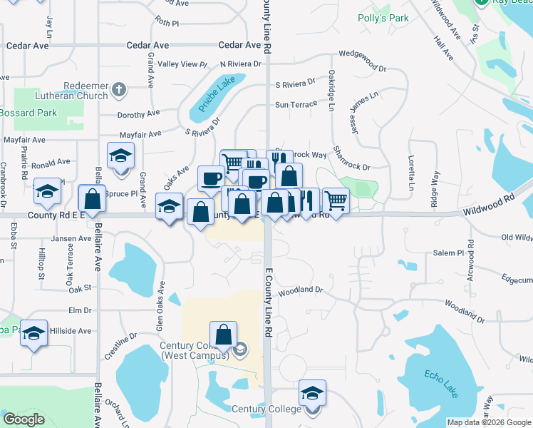 map of restaurants, bars, coffee shops, grocery stores, and more near 5355 County Road E East in White Bear Lake