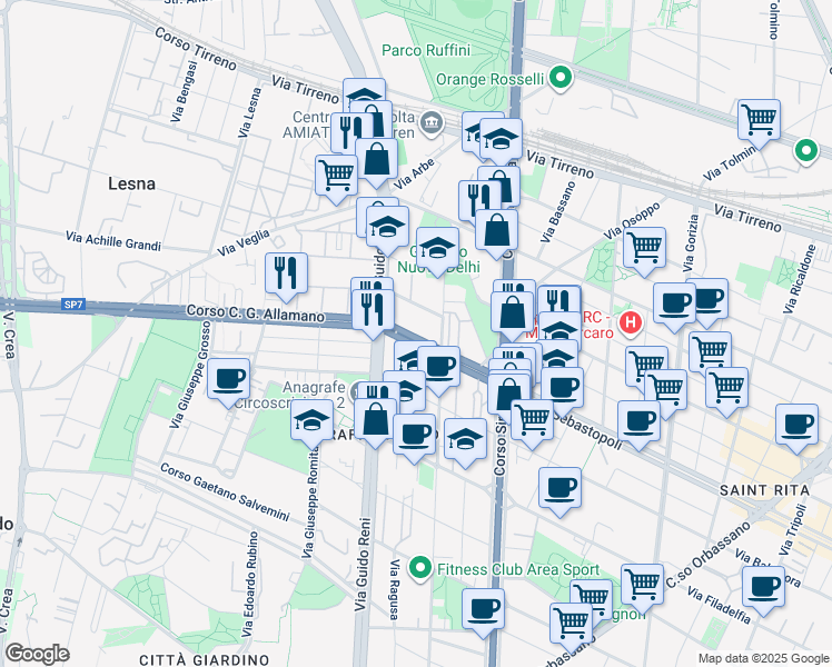 map of restaurants, bars, coffee shops, grocery stores, and more near in Torino