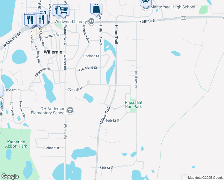 map of restaurants, bars, coffee shops, grocery stores, and more near 301 72nd Street North in Saint Paul