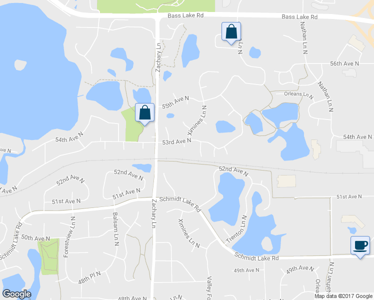 map of restaurants, bars, coffee shops, grocery stores, and more near 5270 Ximines Lane North in Minneapolis