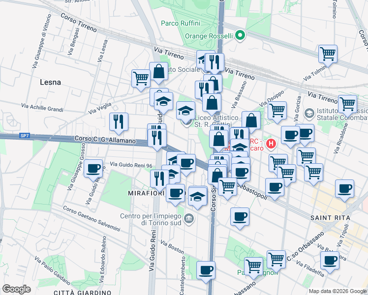 map of restaurants, bars, coffee shops, grocery stores, and more near 22 Via Castelgomberto in Torino
