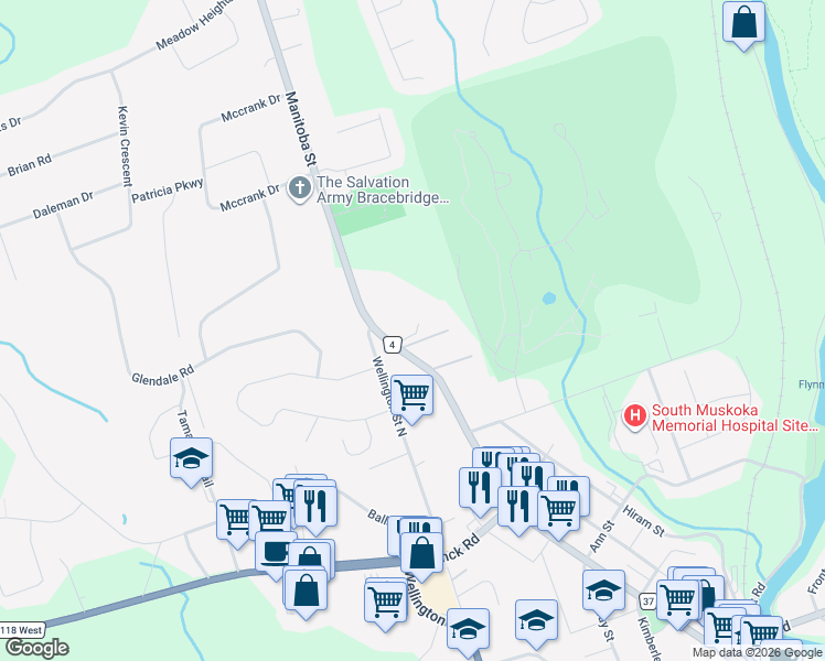 map of restaurants, bars, coffee shops, grocery stores, and more near 393 Manitoba Street in Bracebridge