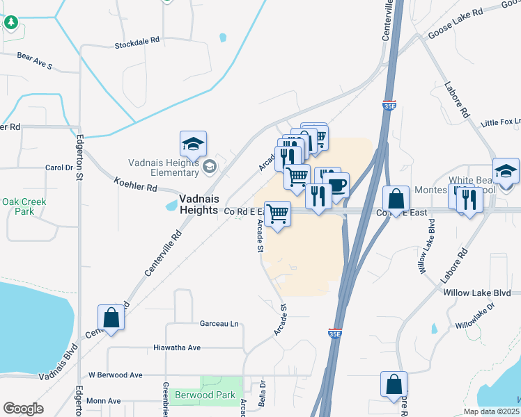 map of restaurants, bars, coffee shops, grocery stores, and more near County Road 15 in Vadnais Heights