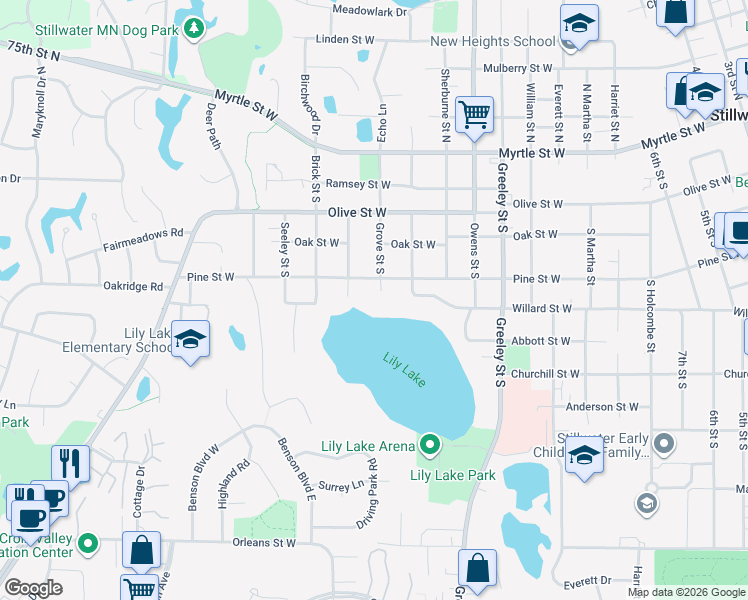 map of restaurants, bars, coffee shops, grocery stores, and more near 1401 Pine Street West in Stillwater