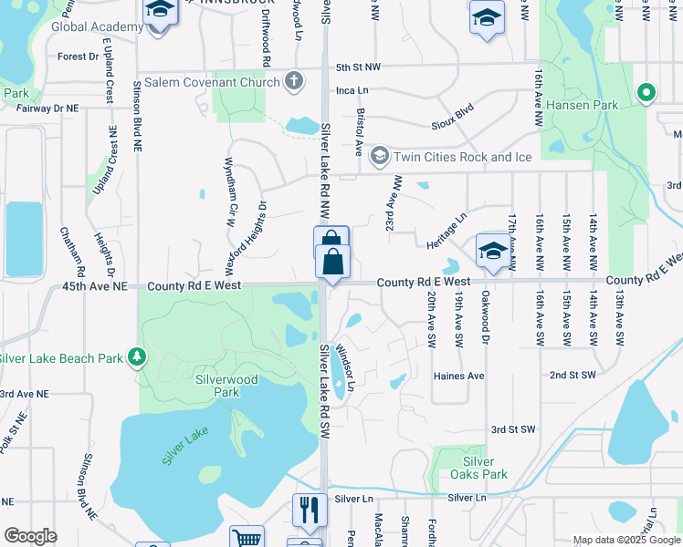 map of restaurants, bars, coffee shops, grocery stores, and more near 151 Silver Lake Road Northwest in Saint Paul