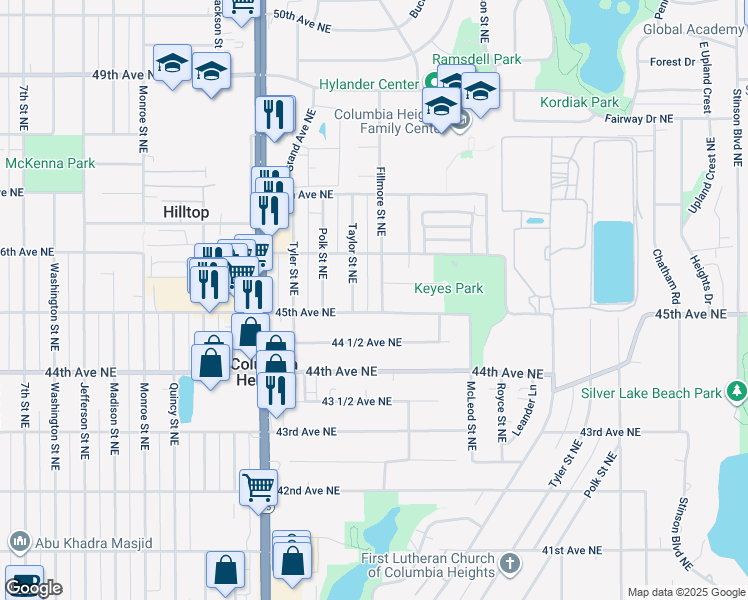 map of restaurants, bars, coffee shops, grocery stores, and more near 4531 Taylor Street Northeast in Minneapolis