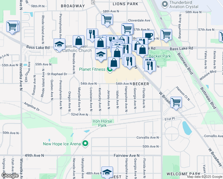 map of restaurants, bars, coffee shops, grocery stores, and more near 5336 Jersey Avenue North in Minneapolis