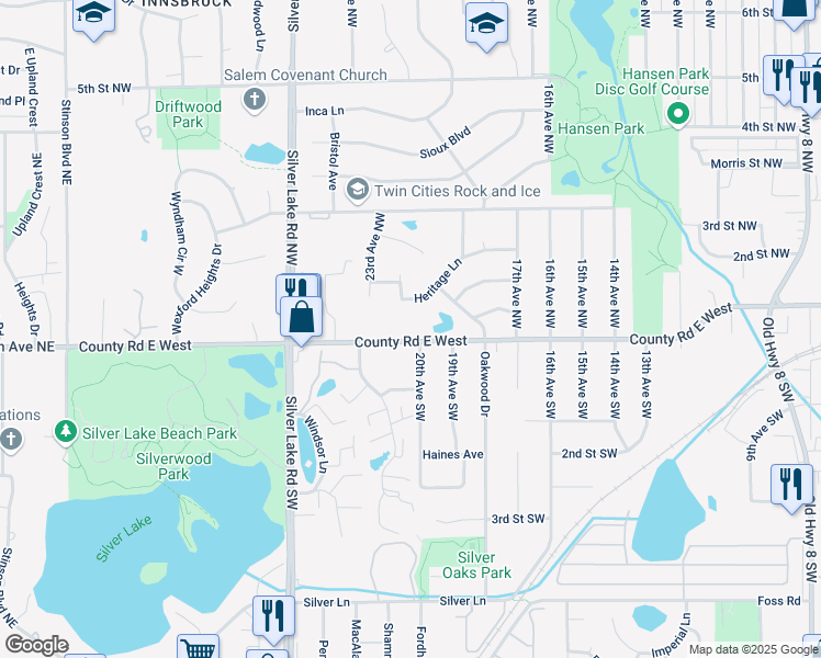 map of restaurants, bars, coffee shops, grocery stores, and more near 2030 County Road East West in New Brighton