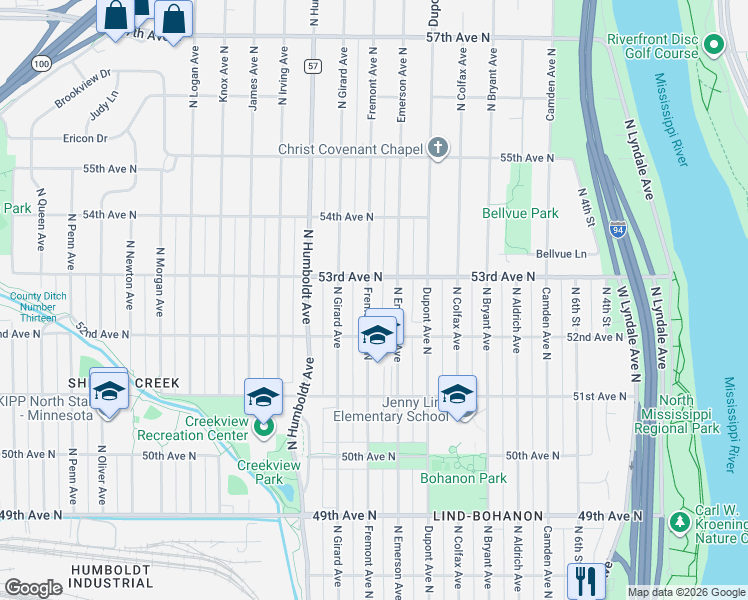 map of restaurants, bars, coffee shops, grocery stores, and more near 5238 Fremont Avenue North in Minneapolis