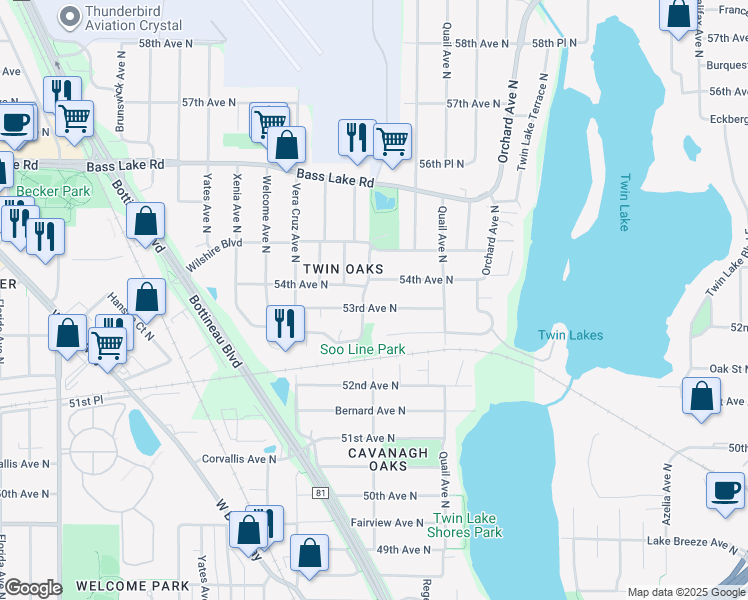 map of restaurants, bars, coffee shops, grocery stores, and more near 5214 53rd Avenue North in Minneapolis