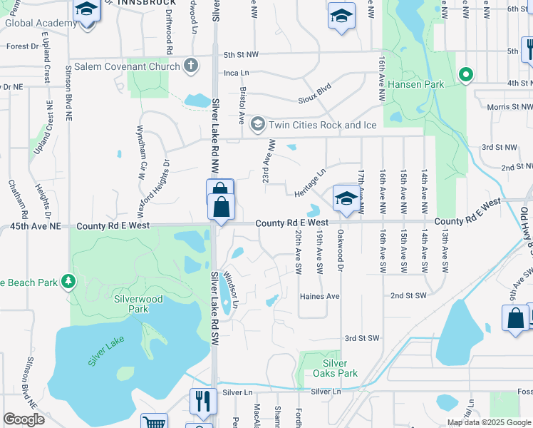 map of restaurants, bars, coffee shops, grocery stores, and more near 2130 County Road E in New Brighton
