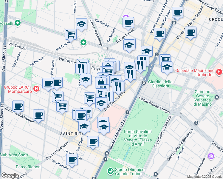 map of restaurants, bars, coffee shops, grocery stores, and more near 20 Via Elba in Torino