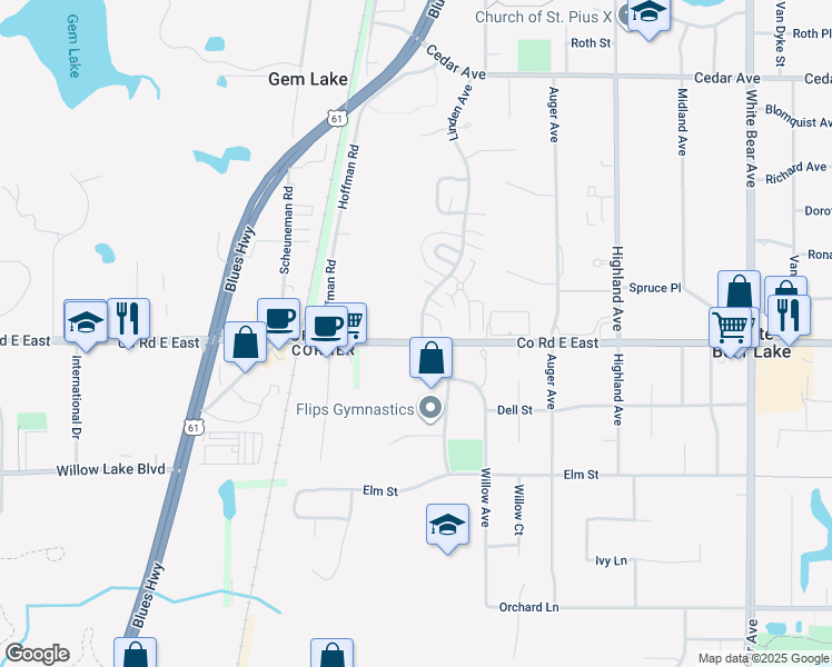 map of restaurants, bars, coffee shops, grocery stores, and more near 1711 County Road E East in White Bear Lake