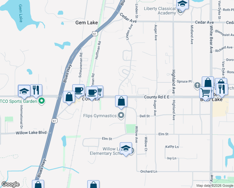 map of restaurants, bars, coffee shops, grocery stores, and more near 1711 County Road E East in White Bear Lake