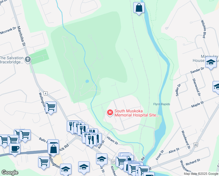 map of restaurants, bars, coffee shops, grocery stores, and more near 100 Oakwood Heights in Bracebridge