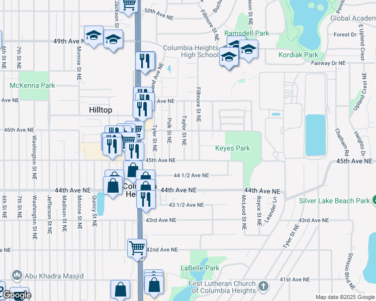 map of restaurants, bars, coffee shops, grocery stores, and more near 4531 Taylor Street Northeast in Minneapolis