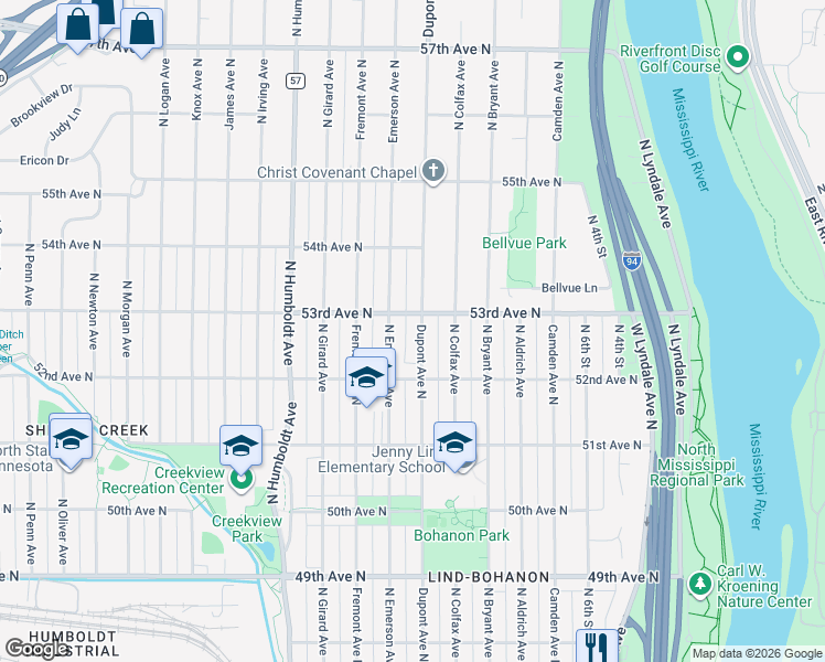map of restaurants, bars, coffee shops, grocery stores, and more near 5254 North Dupont Avenue in Minneapolis