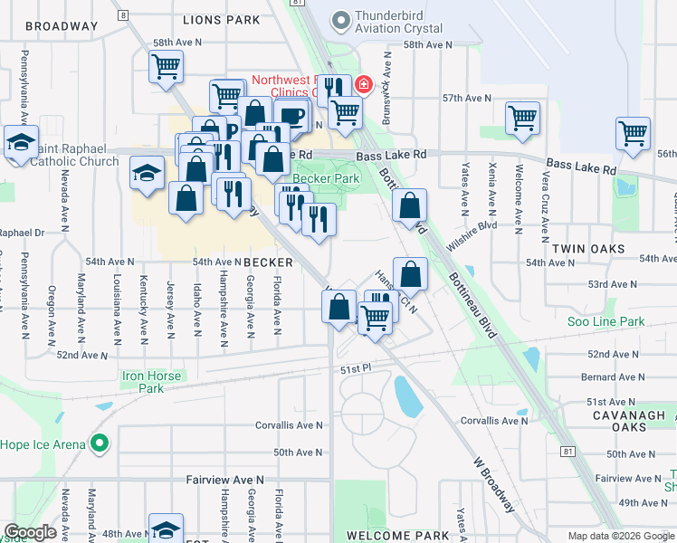 map of restaurants, bars, coffee shops, grocery stores, and more near 5354 Douglas Drive North in Minneapolis