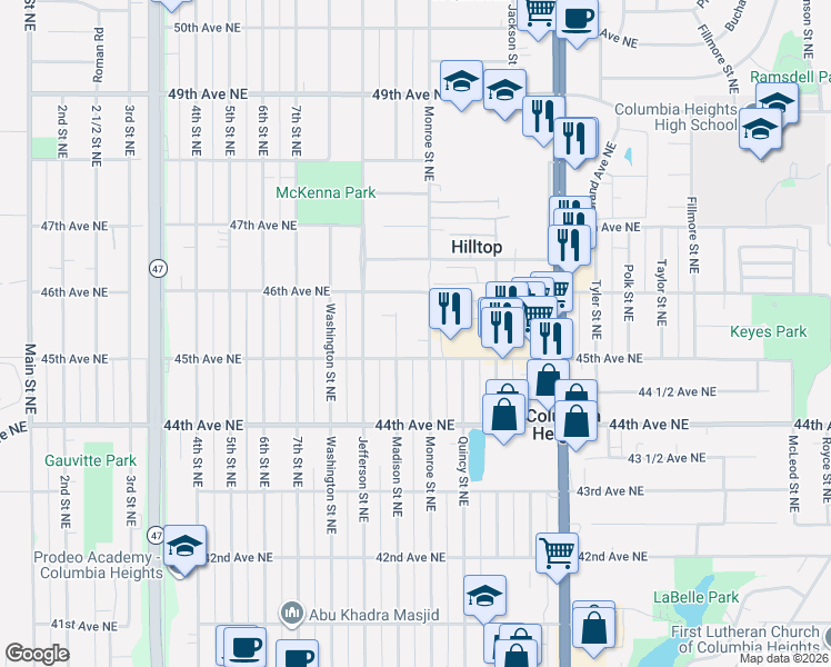 map of restaurants, bars, coffee shops, grocery stores, and more near 4531 Madison Street Northeast in Minneapolis