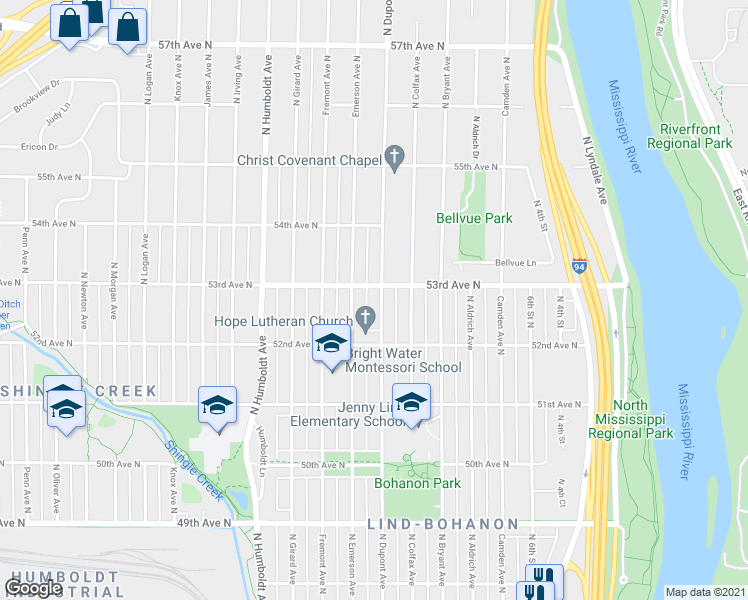 map of restaurants, bars, coffee shops, grocery stores, and more near 5254 North Dupont Avenue in Minneapolis