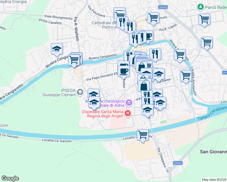 map of restaurants, bars, coffee shops, grocery stores, and more near 15\6 Via Pietro Nenni in Adria