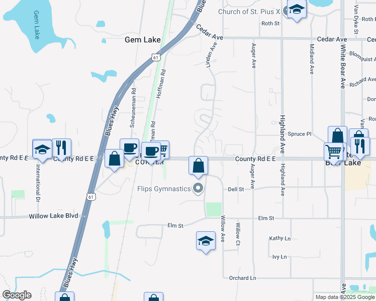 map of restaurants, bars, coffee shops, grocery stores, and more near 1711 County Road E East in White Bear Lake