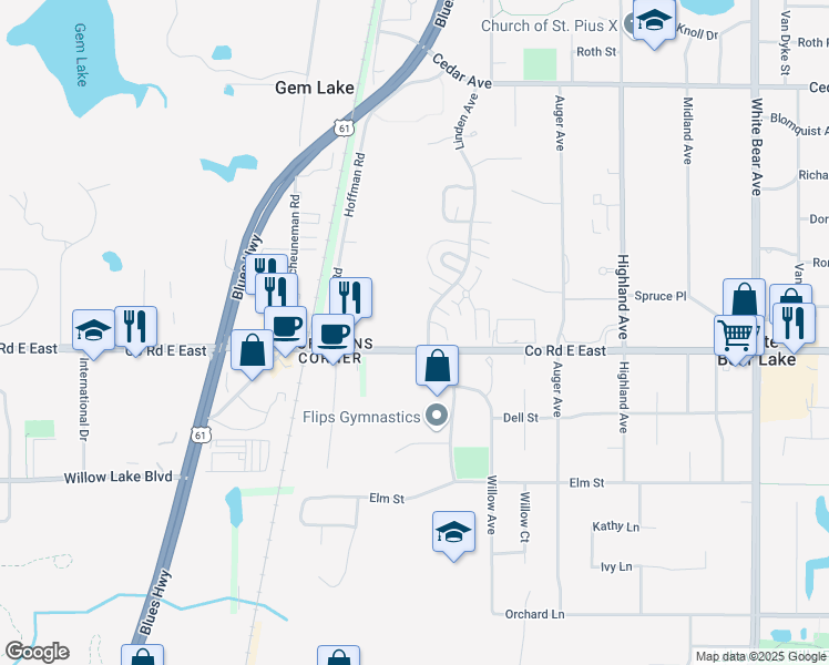 map of restaurants, bars, coffee shops, grocery stores, and more near 1711 County Road E East in White Bear Lake