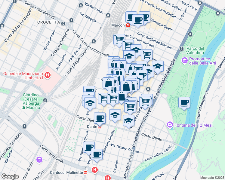 map of restaurants, bars, coffee shops, grocery stores, and more near 80-88 Via Saluzzo in Turin